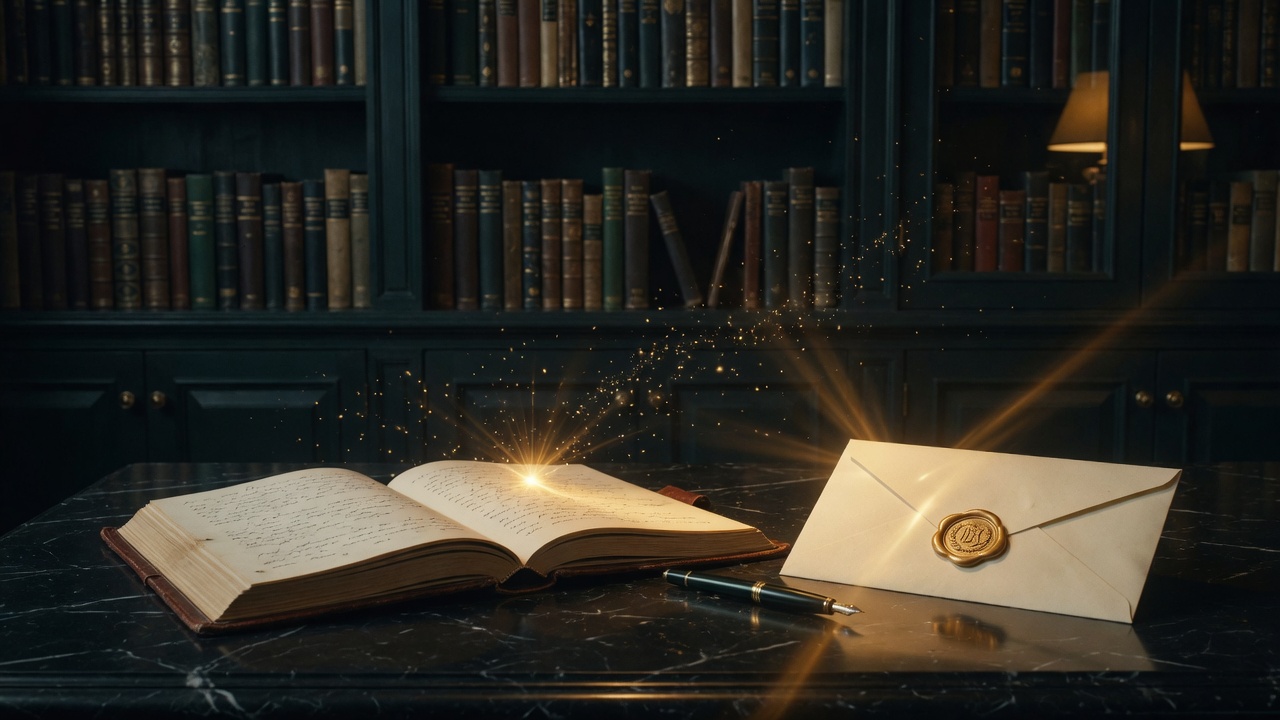 An open journal and a sealed letter on a desk in a private library.