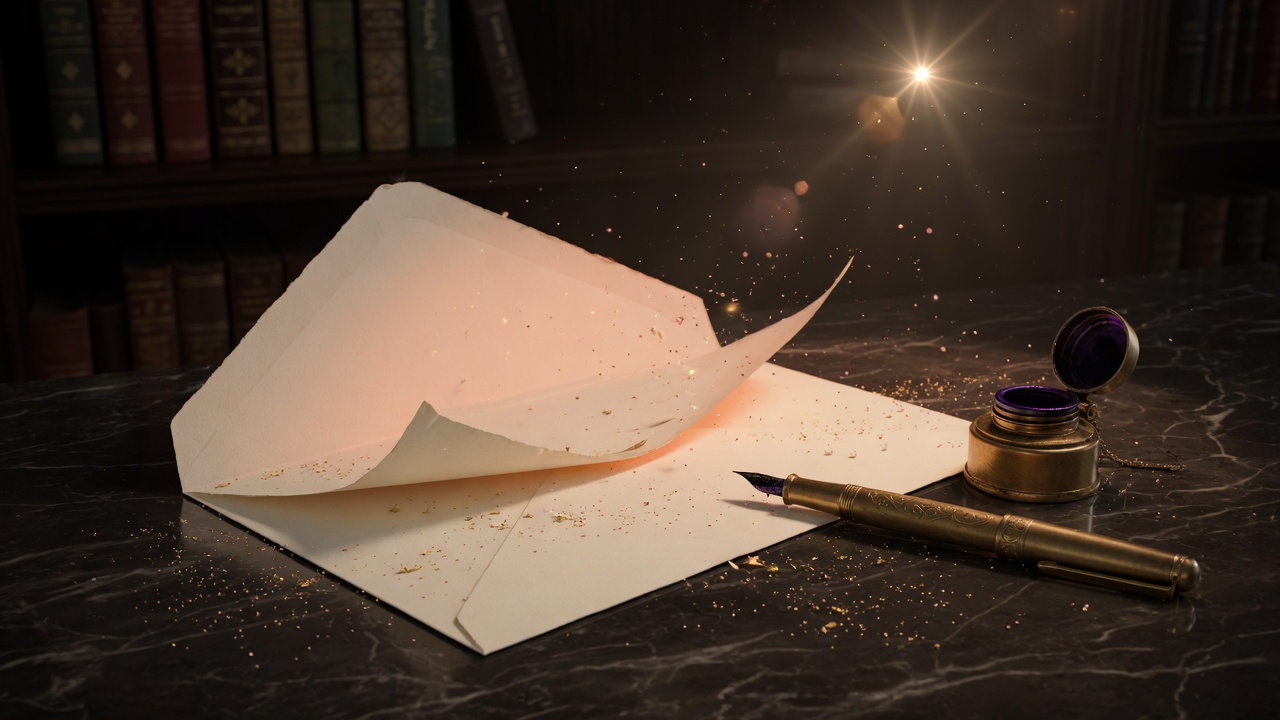 An opened letter on a desk beside a fountain pen and inkwell.